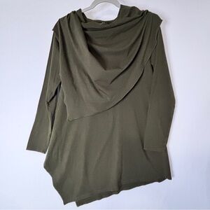 Stella Carakasi M Loden Green Asymmetrical Tunic Fitted Long Sleeves Large Cowl